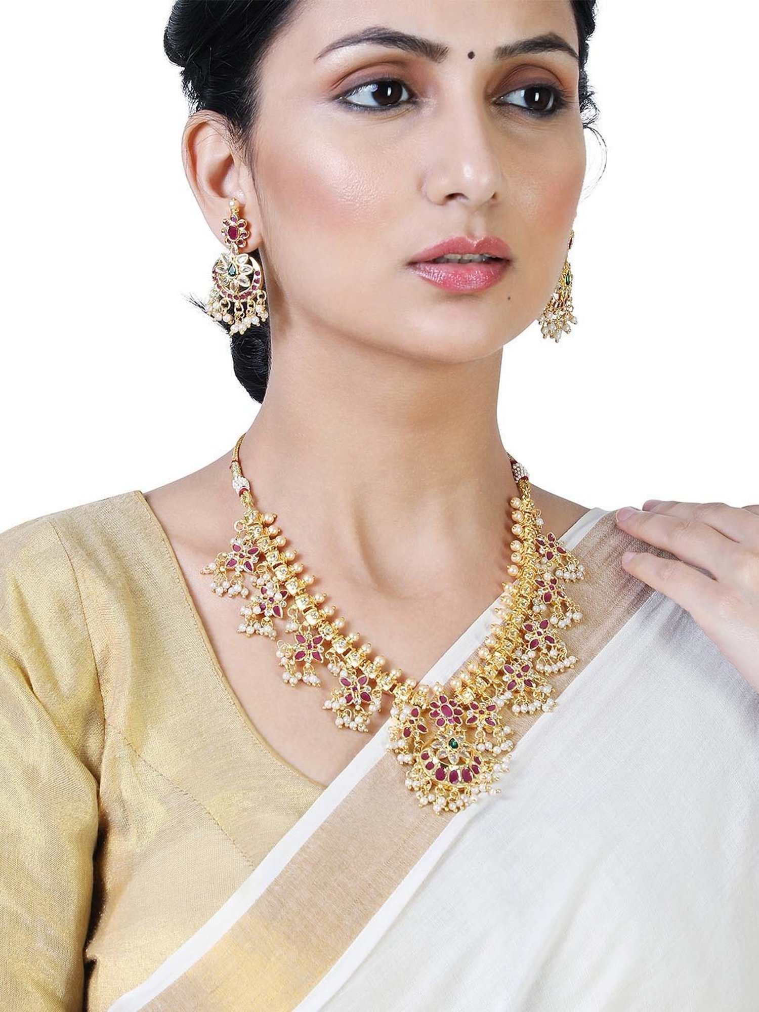 Estele Gold-Plated CZ Traditional Machilipatnam Bridal Necklace Set with Pearls for Women
