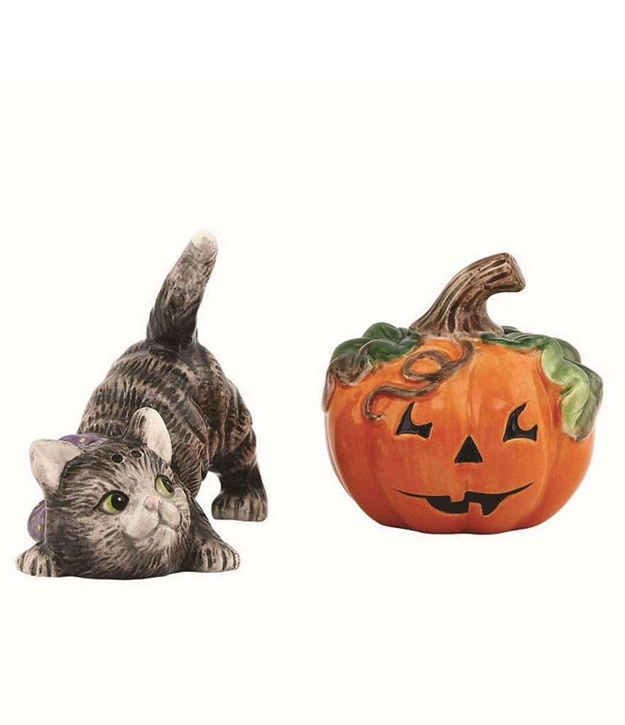 Fitz and Floyd Halloween Kitten and Jack-o-lantern Pumpkin Salt & Pepper Set