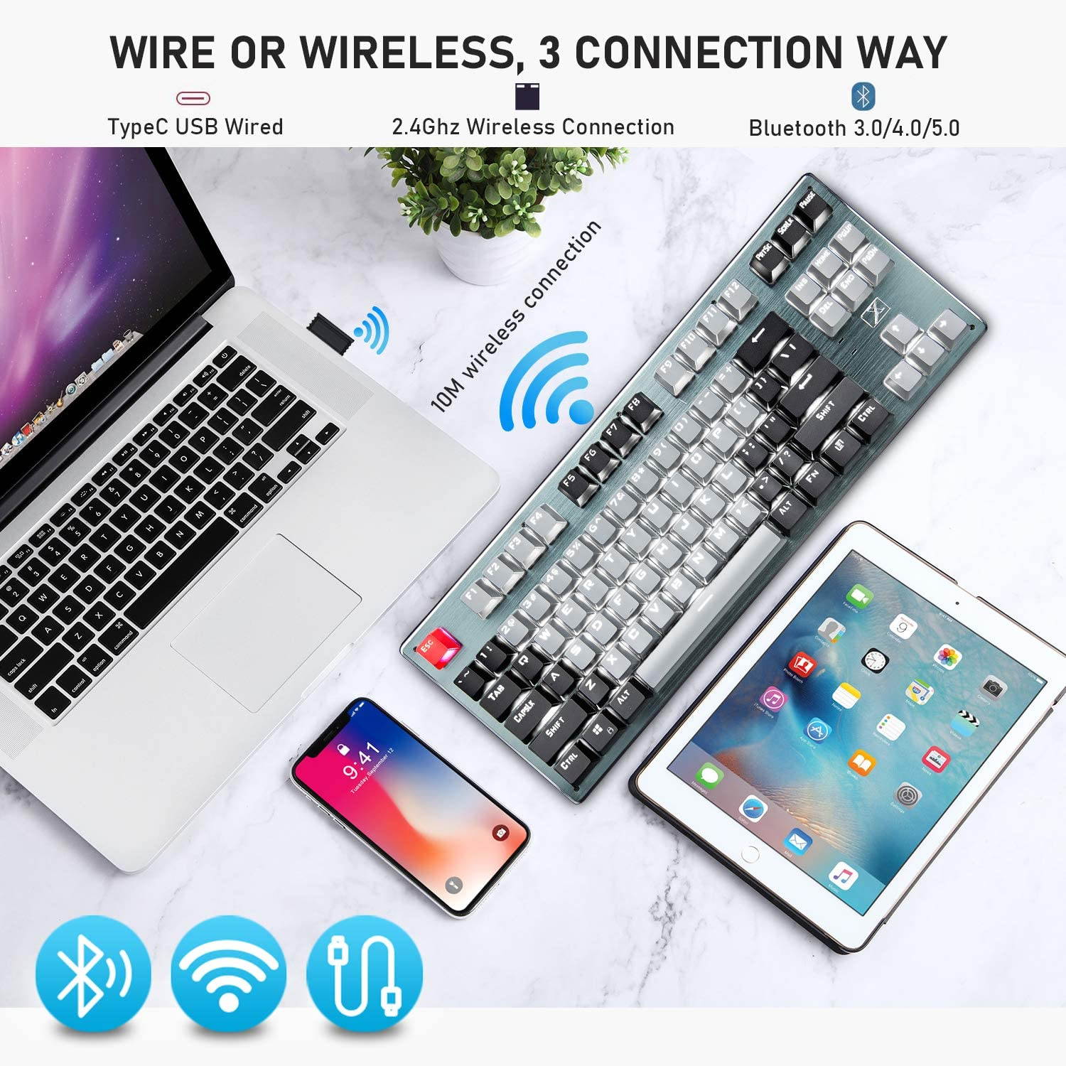 Bluetooth Mechanical Gaming Keyboard with LED Backlit 87 Anti-Ghosting Key Wired/Wireless USB Receiver Rechargeable Keyboard for PC Mac Gamer