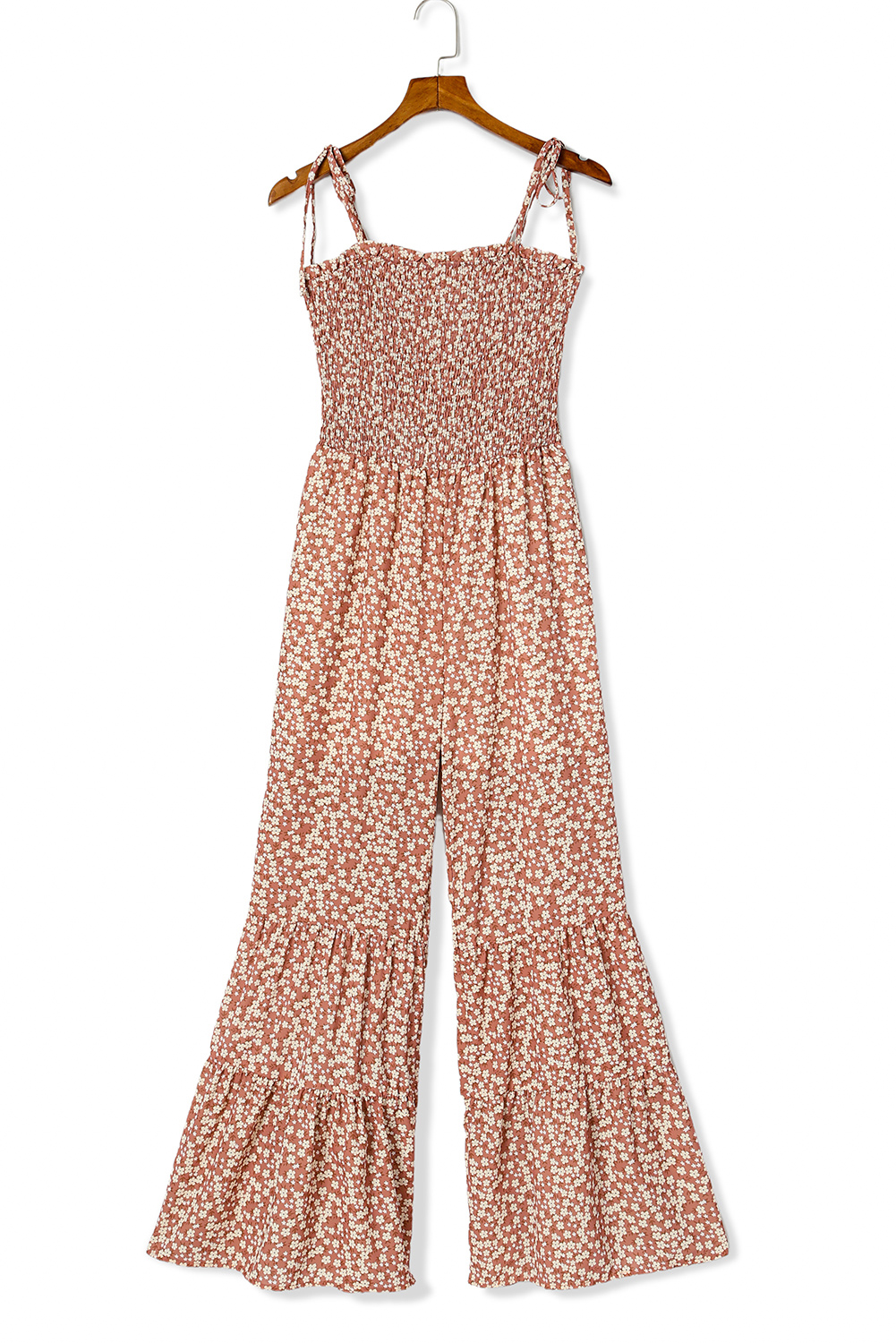 Rose Tan Solid Self Tied Straps Pleated Wide Leg Jumpsuit