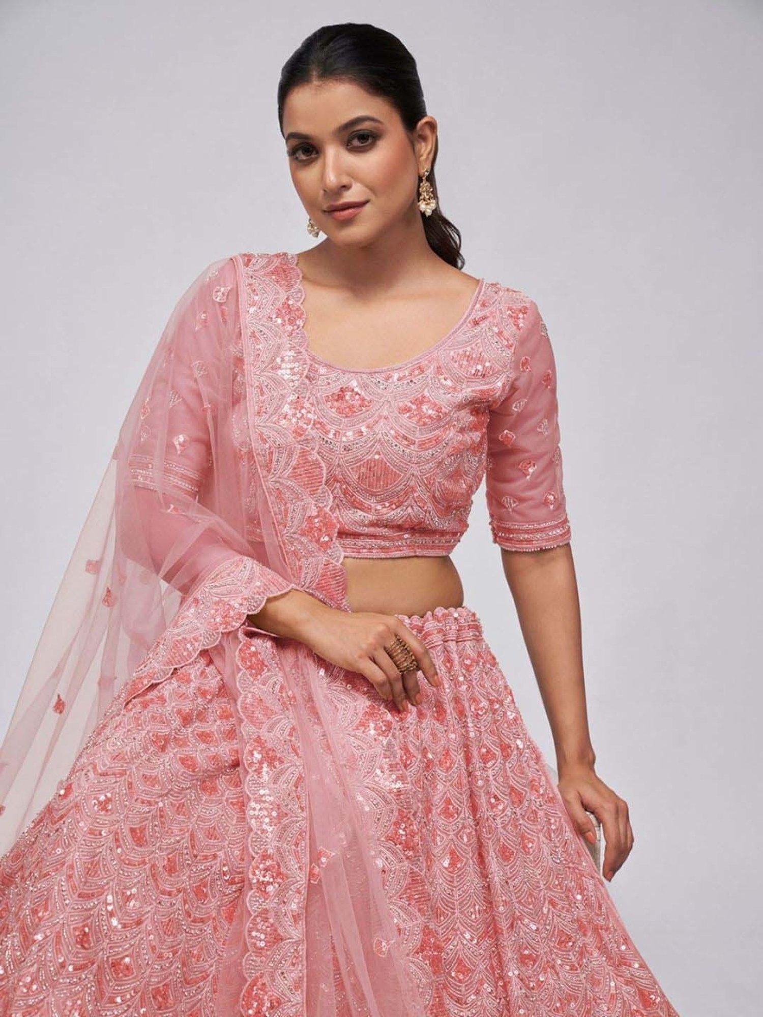Odette Pink Embellished Semi-Stitched Lehenga Choli Set with Dupatta