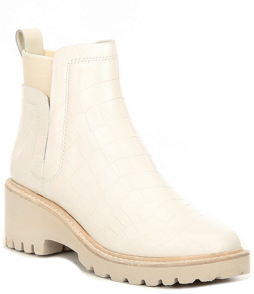 Dolce Vita Huey Croco Printed Leather Block Heel Lug Sole Chelsea Booties