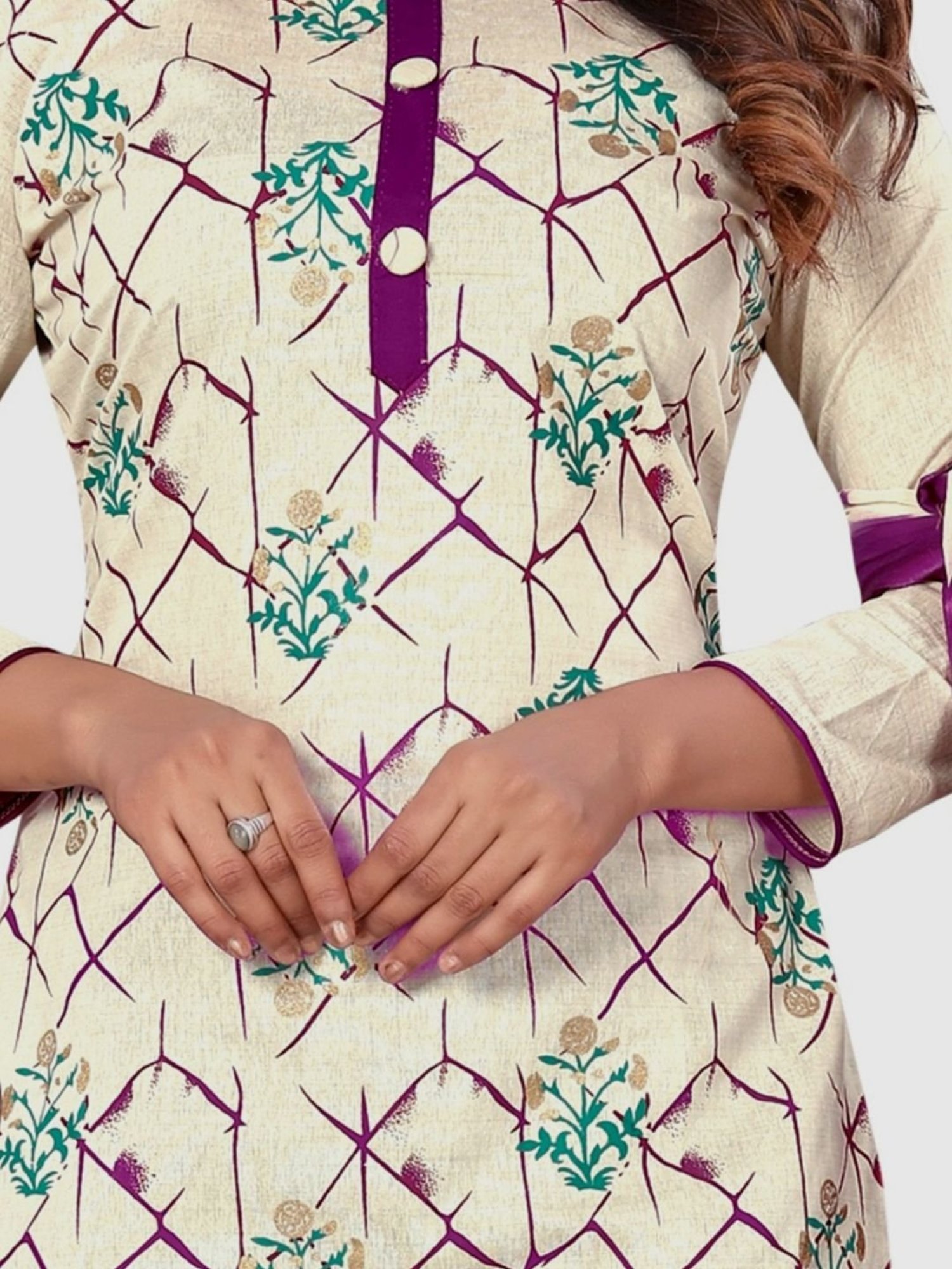 APNISHA Beige & Purple Cotton Printed Unstitched Dress Material