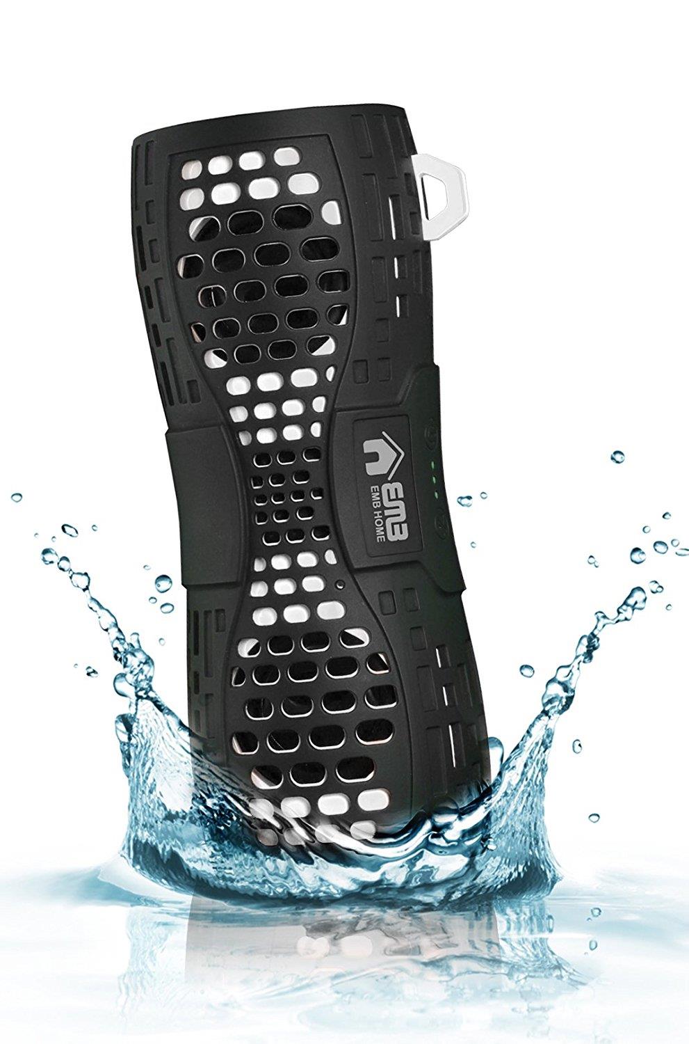 EMB ES900BT-BK Water Resistant Loud Portable Bluetooth Speaker -Black On White