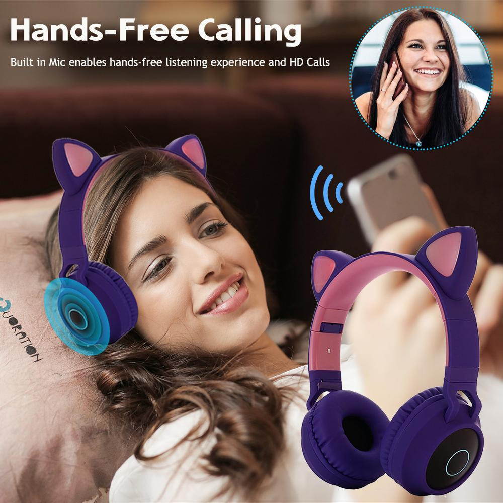 Cat Ear LED Bluetooth Headphone Bluetooth 5.0 Kids Headphones Glowing Light Handsfree Headset Gaming Earphones for PC