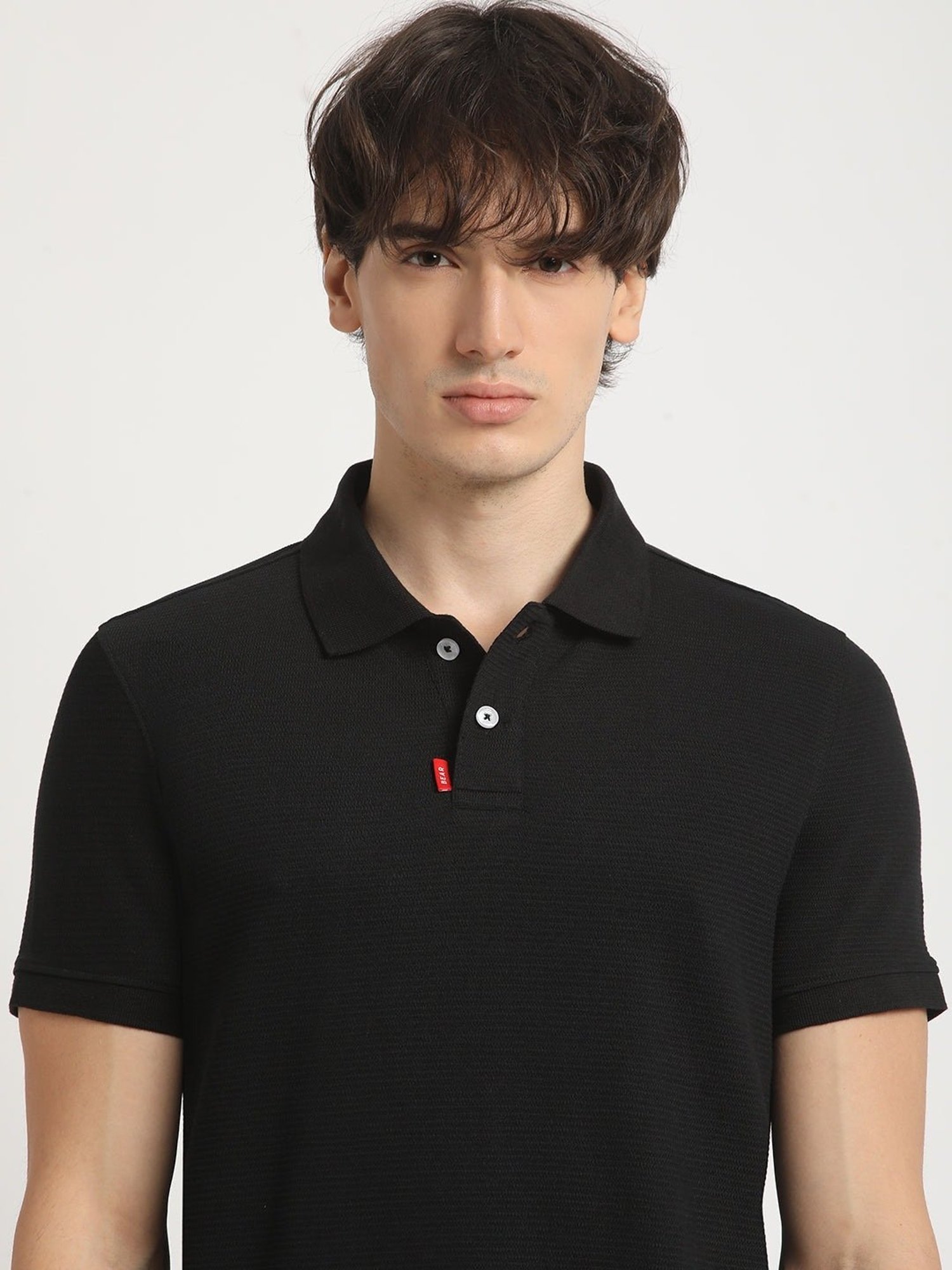 The Bear House Black Cotton Regular Fit Self Pattern Polo T-Shirt