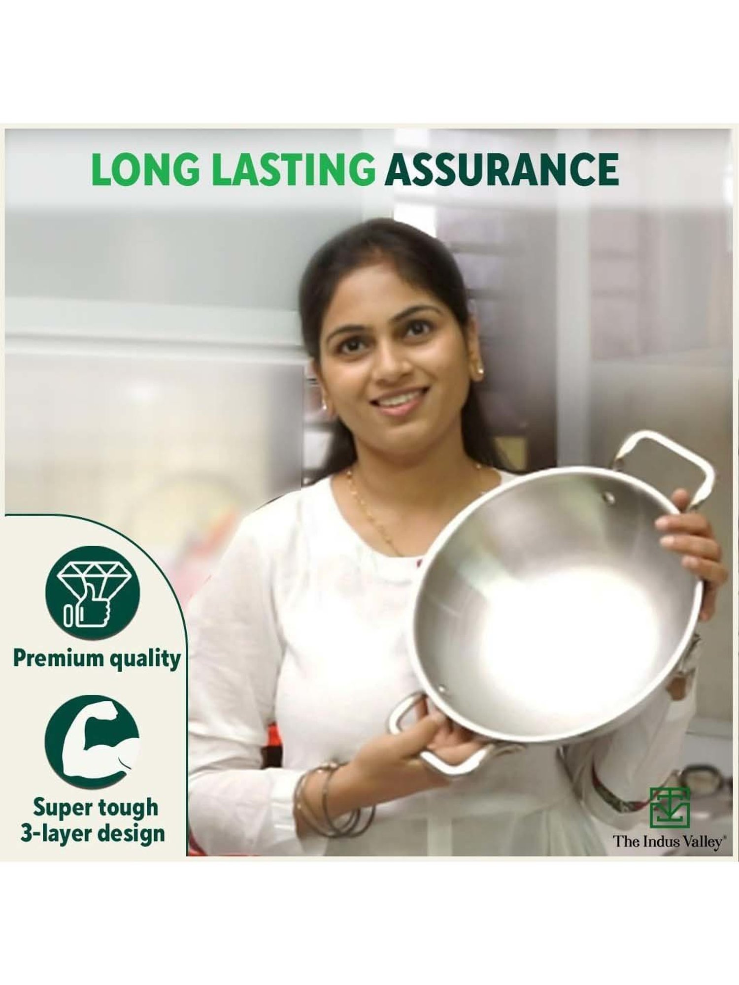 The Indus Valley Silver Stainless Steel 20.09 cm Kadhai With Glass Lid & Bakelite Knob (1.7 L)