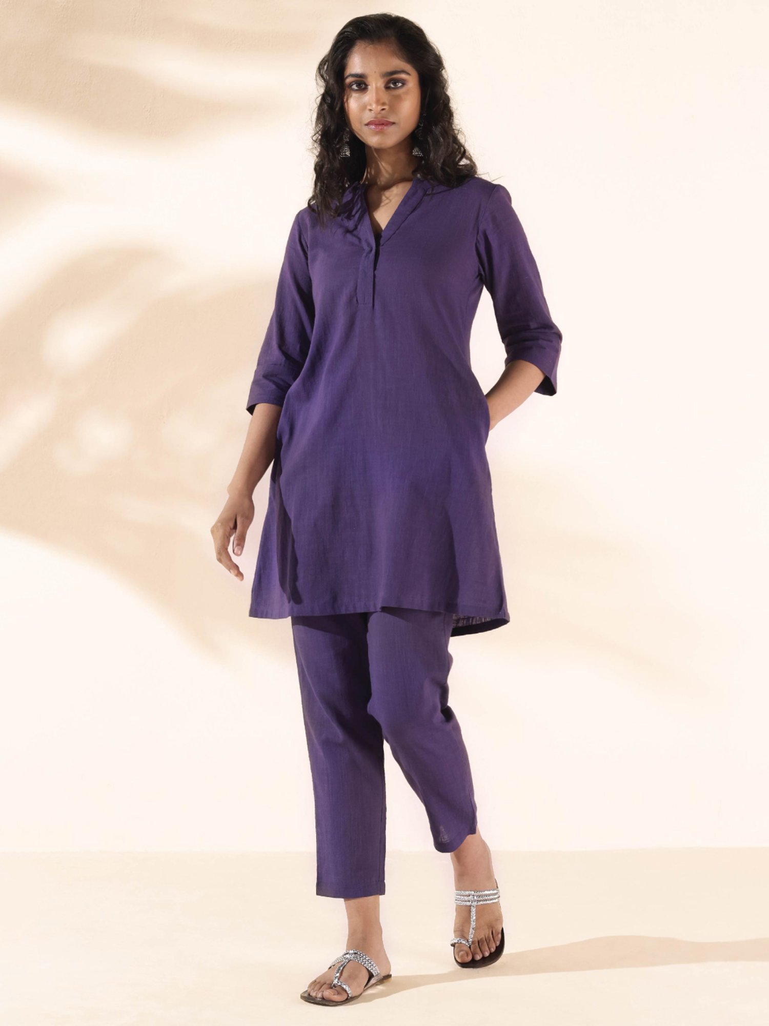 true Browns Purple Cotton Self Pattern Tunic Pant Set