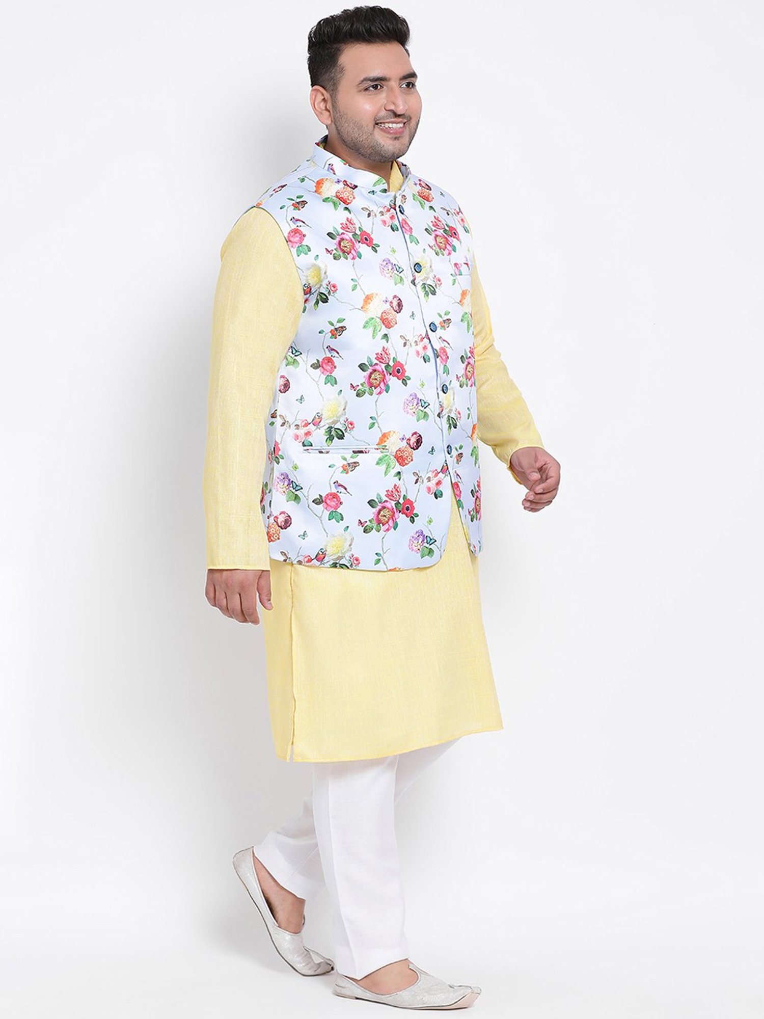 Hangup Plus Yellow & White Regular Fit Plus Size Kurta & Pyjamas Set With Nehru Jacket
