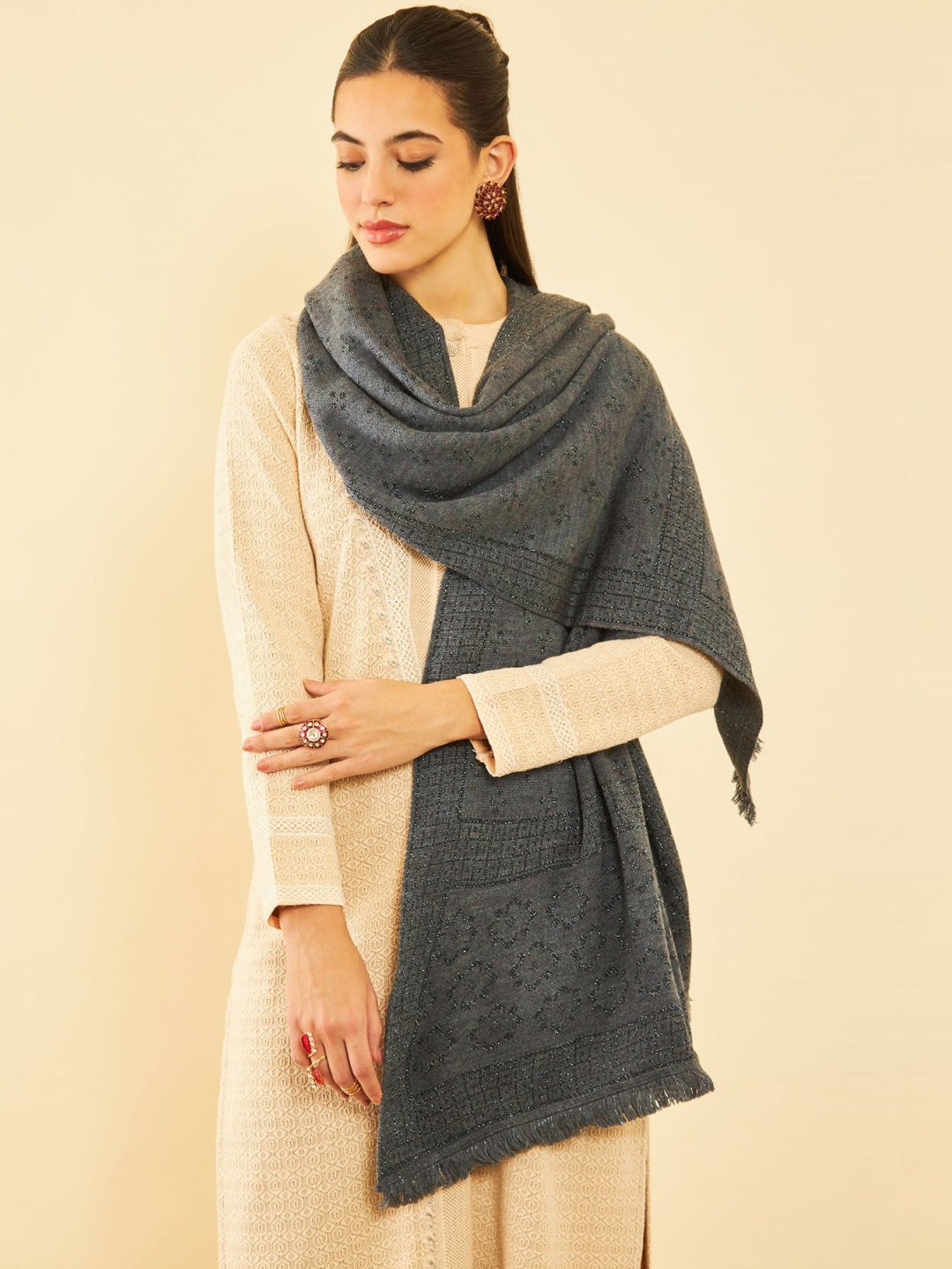 Soch Charcoal Grey Woven Pattern Shawl