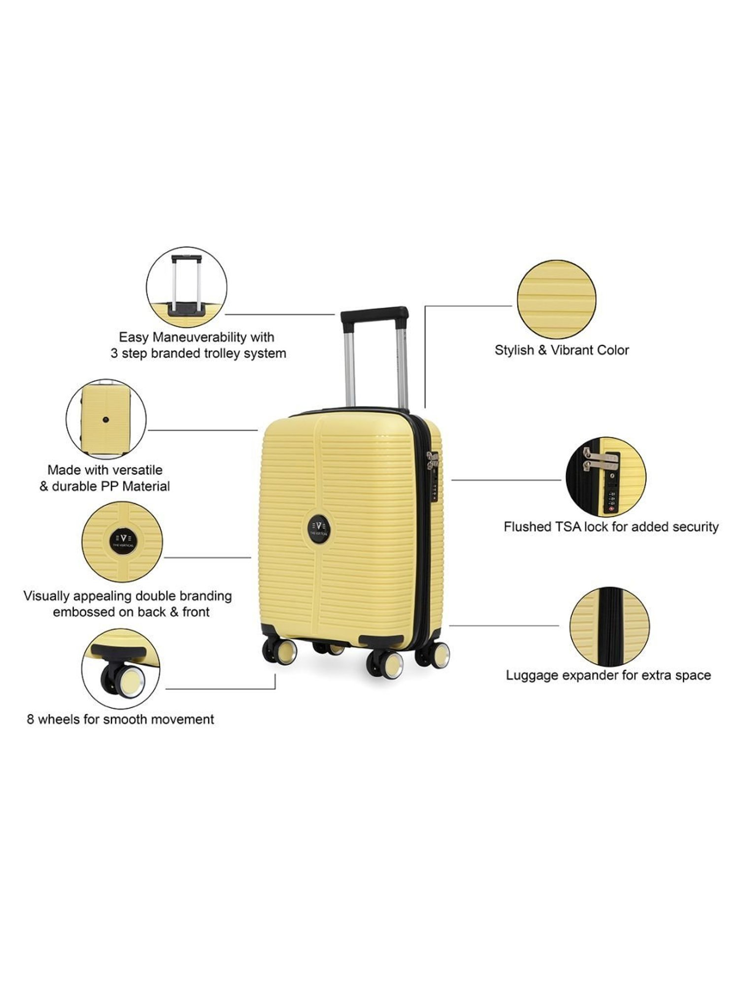 The Vertical Stellar Yellow Wheels 8 Small Hard Cabin Trolley Bag