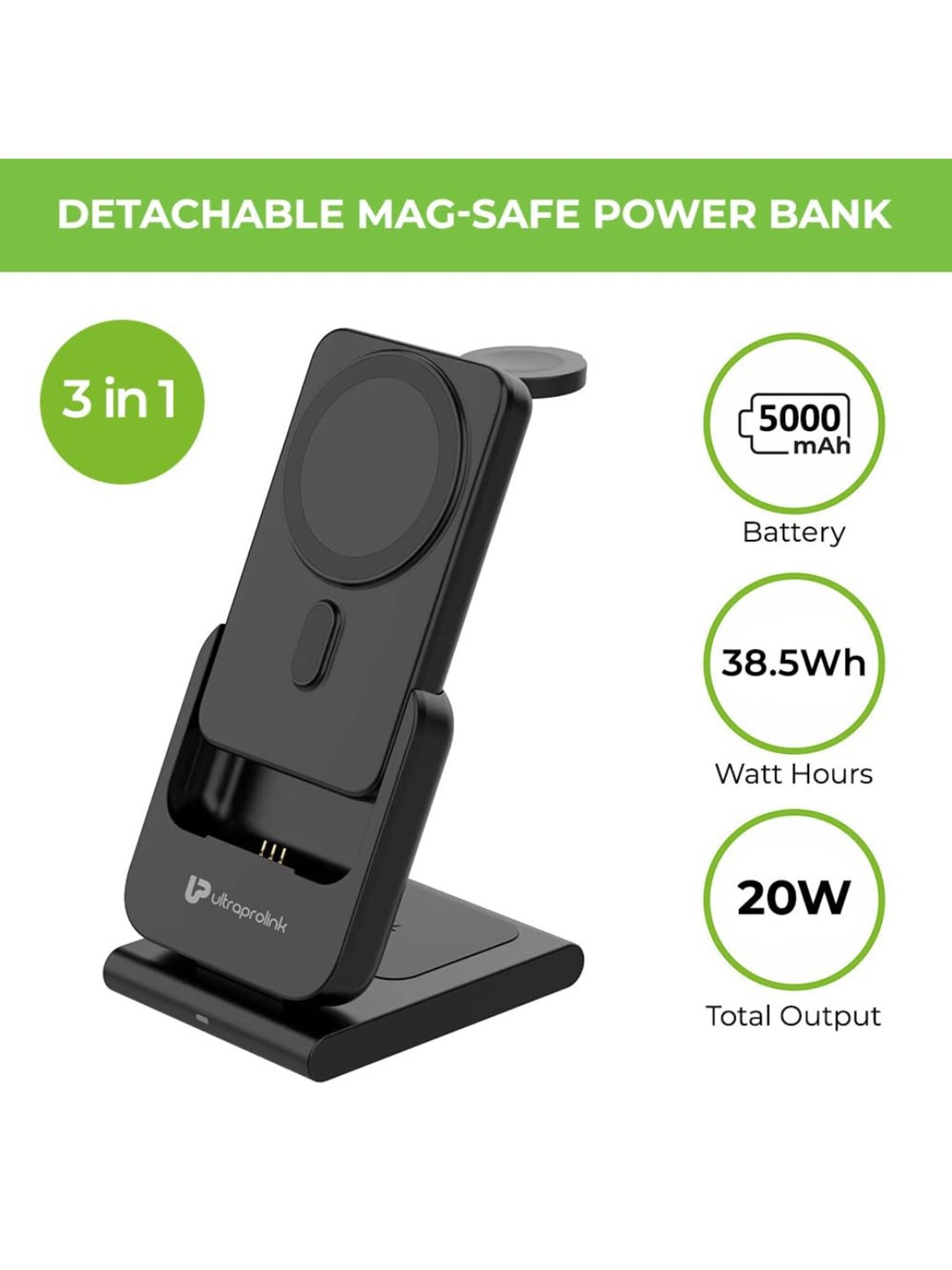 ULTRAPROLINK UM1006GO 3in1 Folding 20W Magnetic Power Bank for iWatch, Airpods &  Earbuds (Black)
