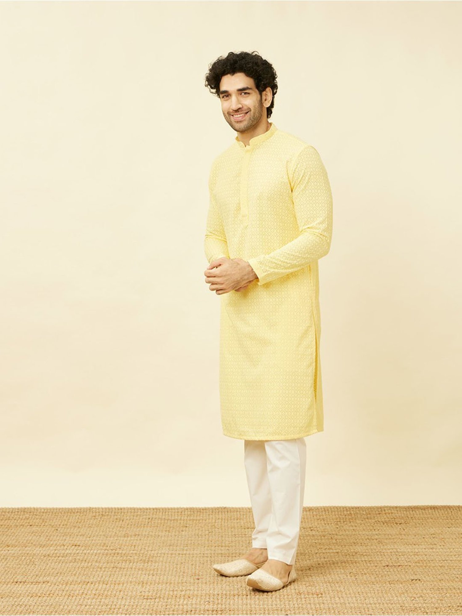Manyavar Yellow Regular Fit Chikankari Kurta Bottom Set