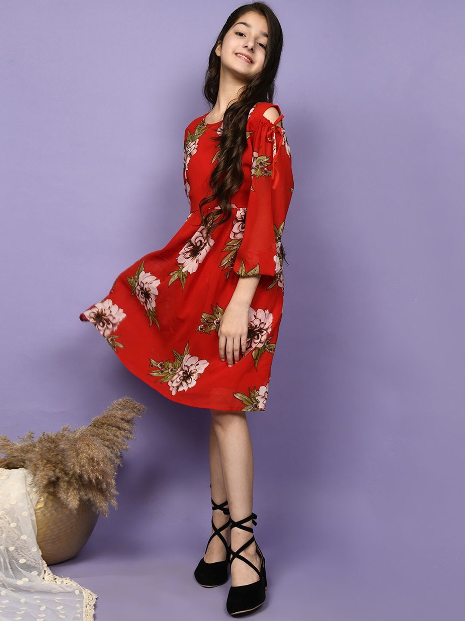 LilPicks Kids Red & Green Floral Print Dress