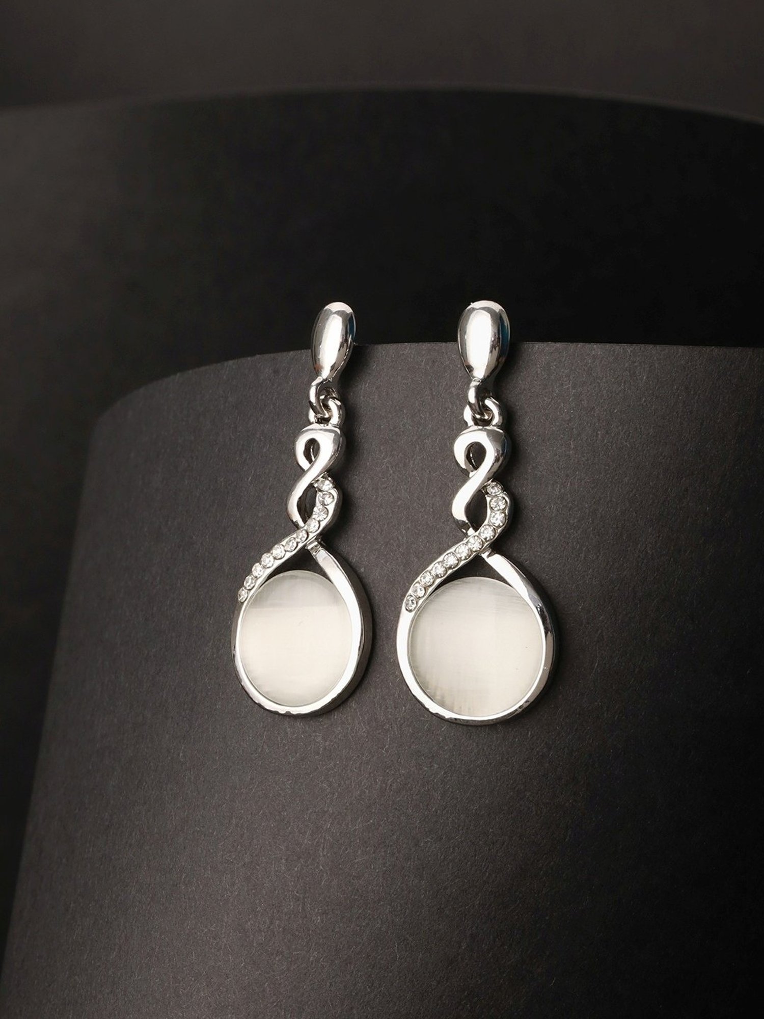 Prita by Priyaasi Twisted Tear Studded AD Silver-Plated Dangler Earrings