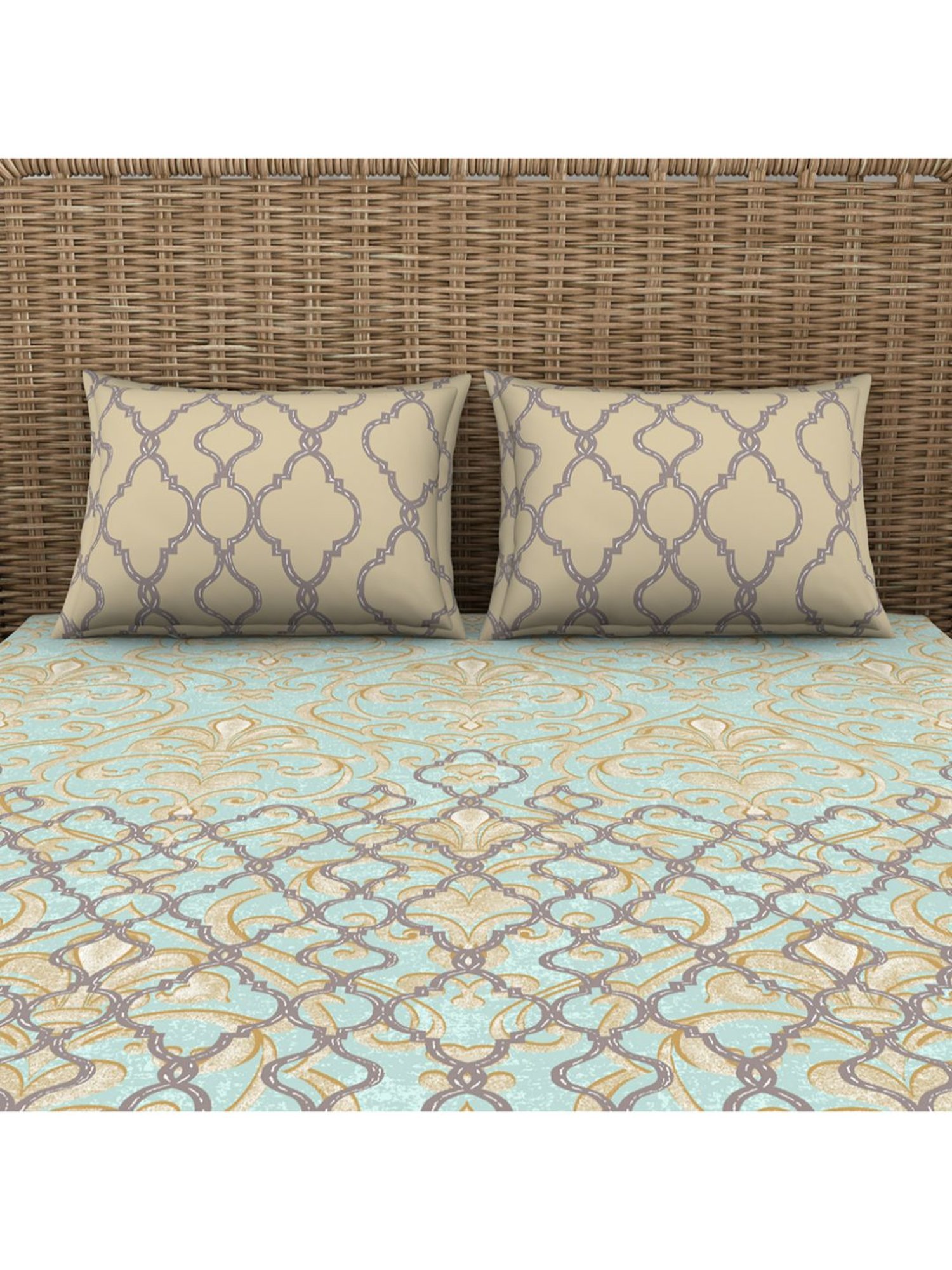 Spaces Blue 144 TC Cotton Printed Double Bed Sheet with 2 Pillow Covers