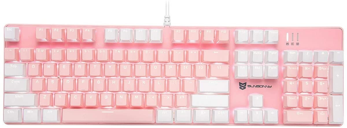 Qisan Mechanical Gaming Keyboard Full Size 104 Keys US Layout Wired Blue Switch Backlit Keyboard with Pink & White Color