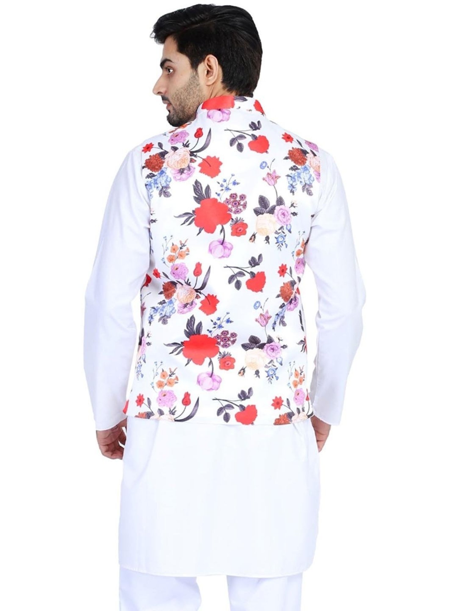 TAHVO White Cotton Slim Fit Floral Print Nehru Jacket