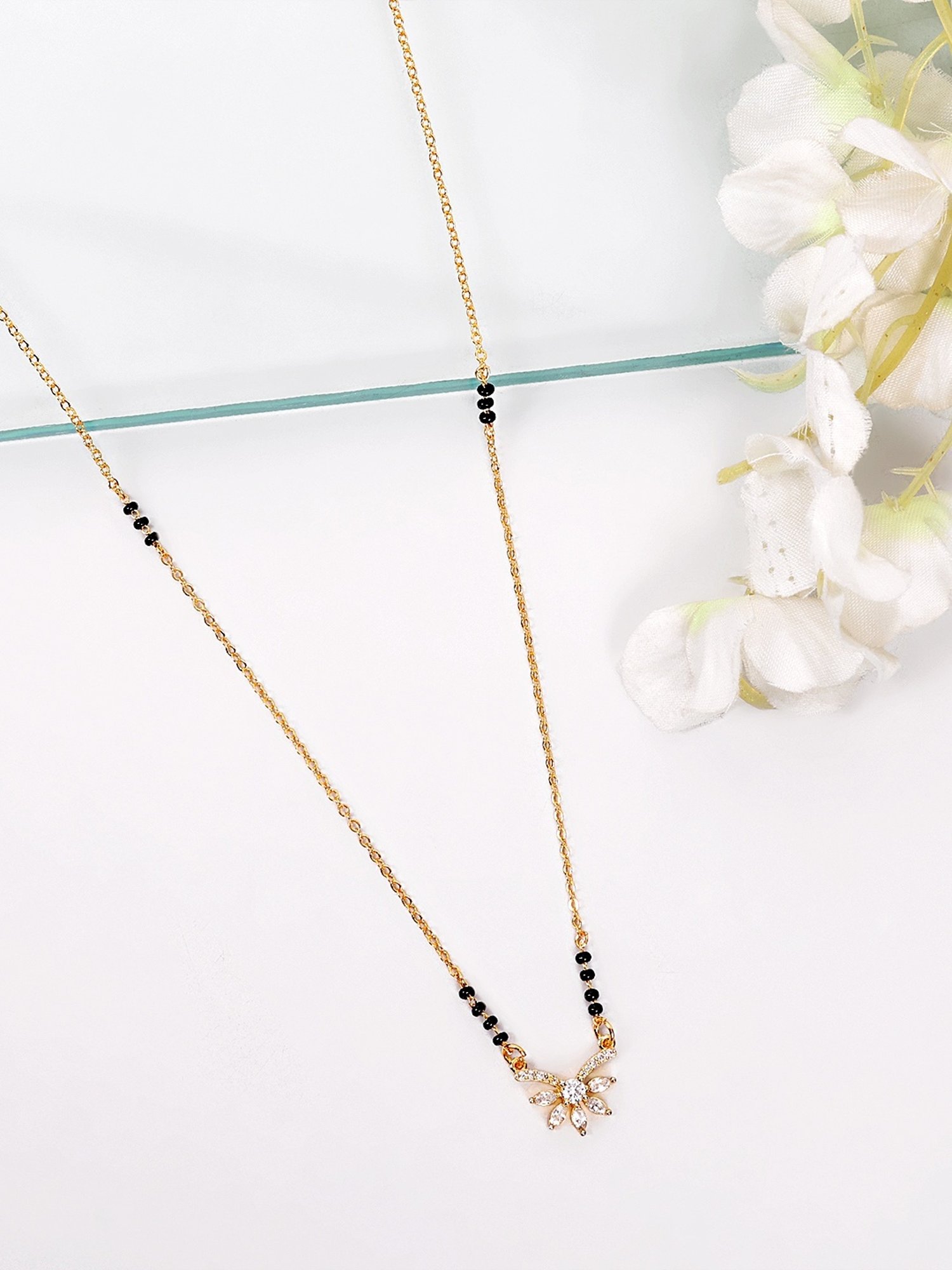 Abdesigns Gold-Plated American Diamond & Black Beaded Mangalsutra