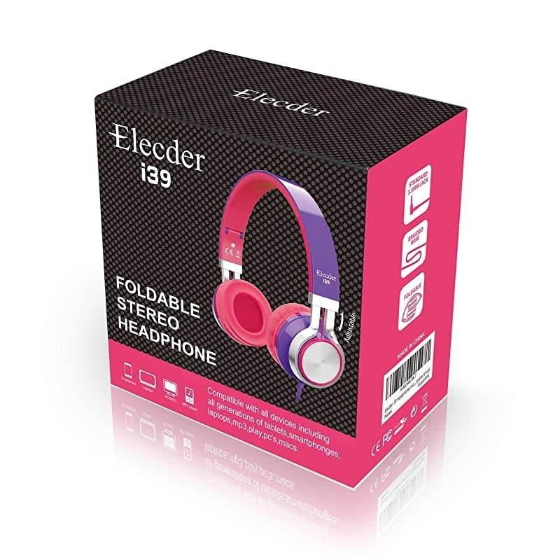 i39 Headphones with Microphone Foldable Lightweight Adjustable On Ear Headsets with 35mm Jack for Cellphones Computer MP34 Kindle School PurplePink