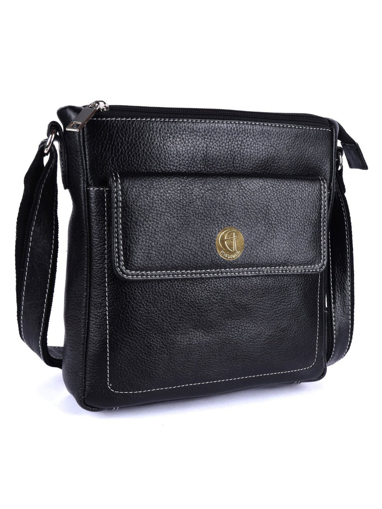 HiLEDER Black Textured Medium Leather 9 inch Cross Body Bag