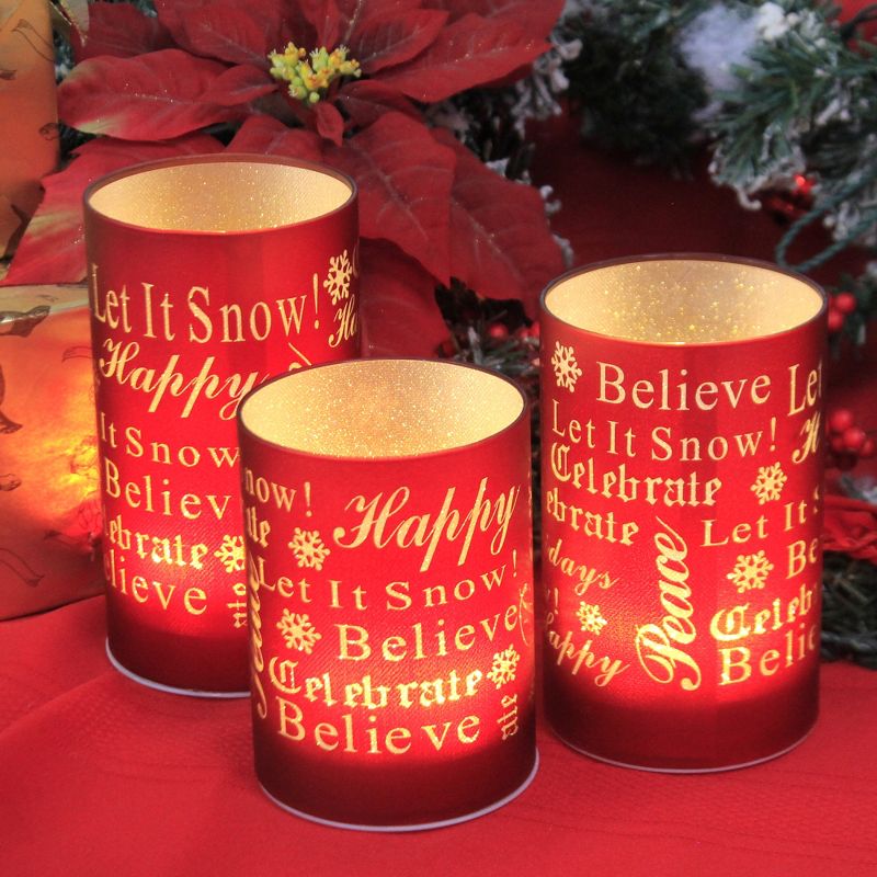 Christmas 6.5" Candle With Holiday Message Led Celebrate Peace Believe  -  Flameless Candles
