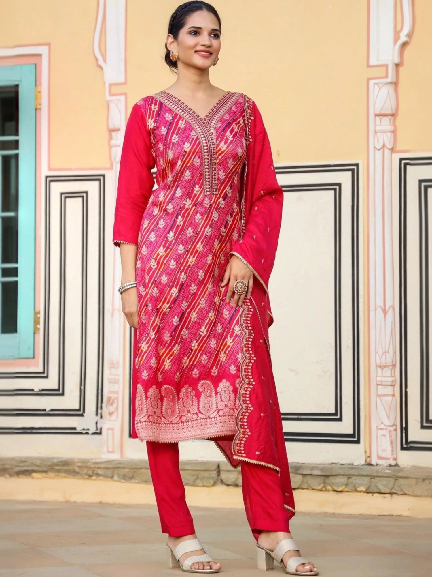 Scakhi Deep Pink Silk Jacquard Bandhani Suit Set Kurta With Pant And Dupatta