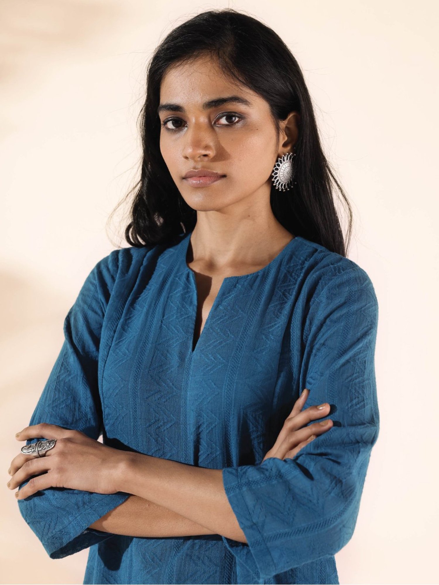 true Browns Blue Self Pattern Tunic Pant Set