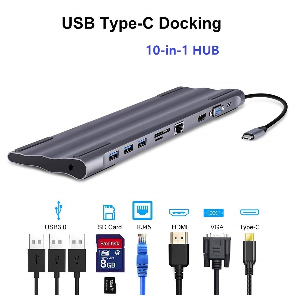 10 in 1 USB C HUB  10-in-1 USB-C Docking with 4K HDMI  1000M LAN  SD/TF PD VGA  USB3.0 x 3 Audio HUB,  Notebook Bracket, Laptop Stand Station, Your Efficient Office Toolkit for Type-C Connection.