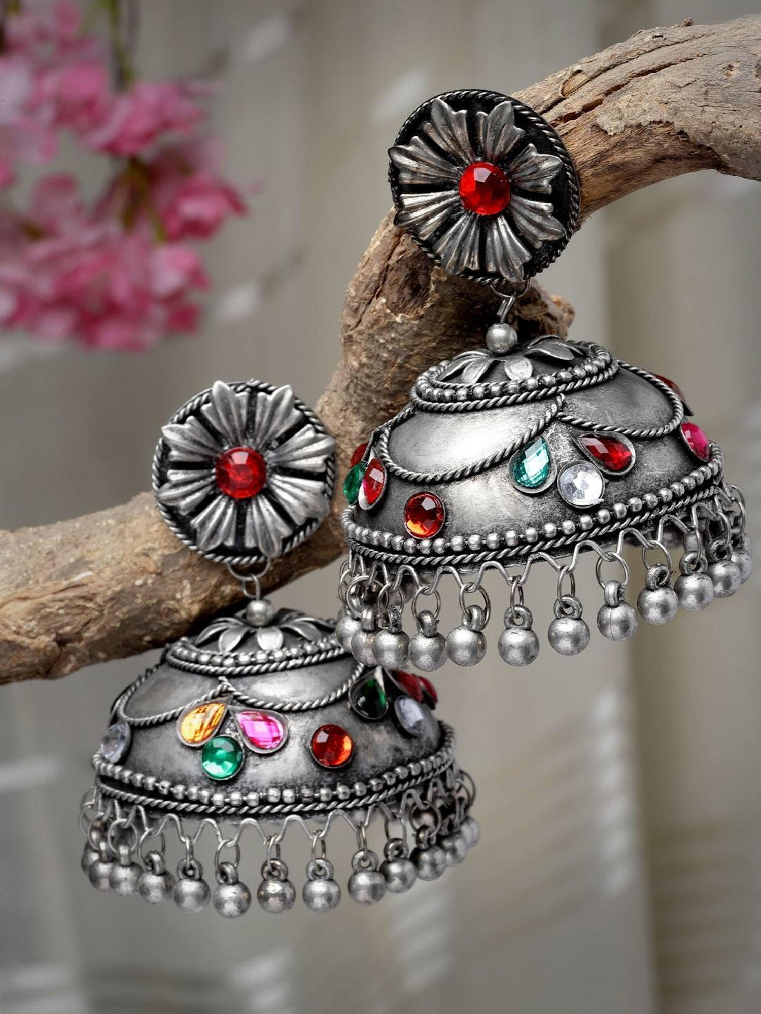 Moedbuille Crystals Tribal Tassell Design Oxidised Silver Plated Handcrafted Floral Earrings