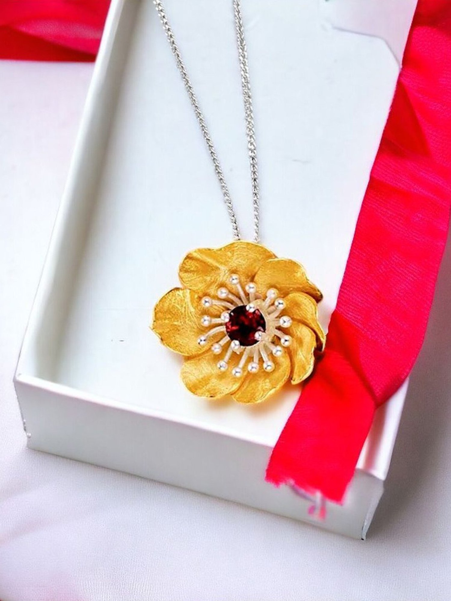 Rihi by P.C. Chandra Jewellers 925 Silver Golden Flower with Stone Pendant for Women & Girls