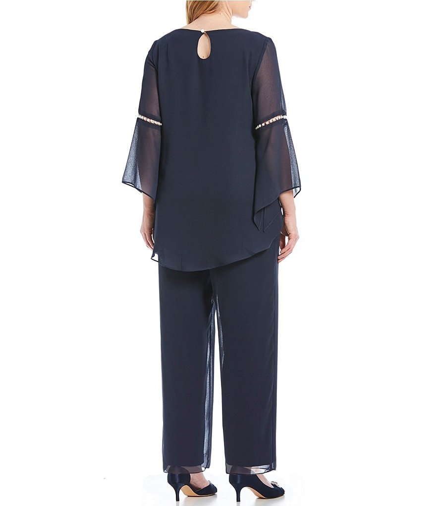 Le Bos Plus Size Jewel Neck Long Sleeve 2-Piece Tulip Front Pearl Trim Pant Set