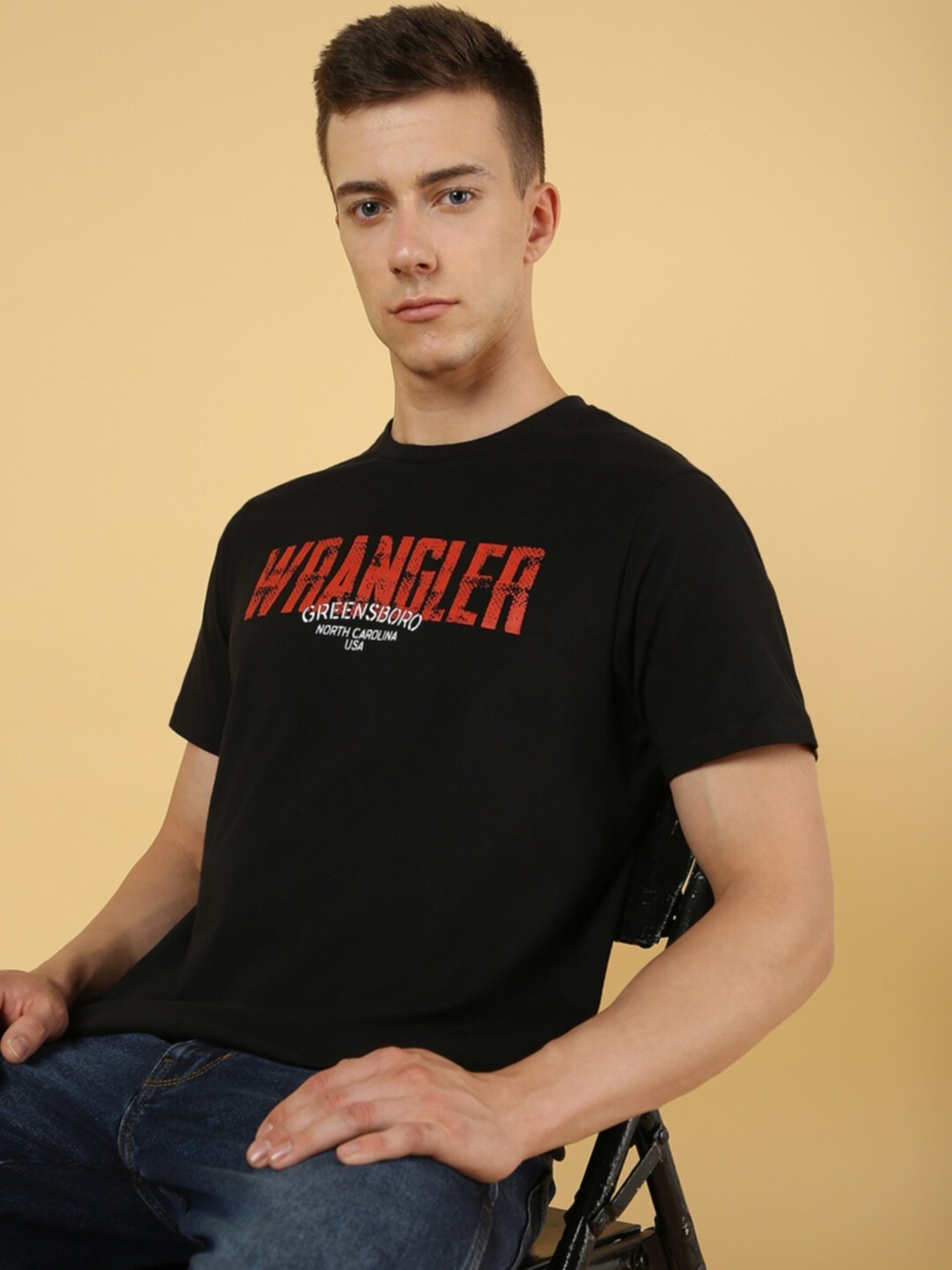 Wrangler Jet Black Cotton Regular Fit Printed T-Shirt