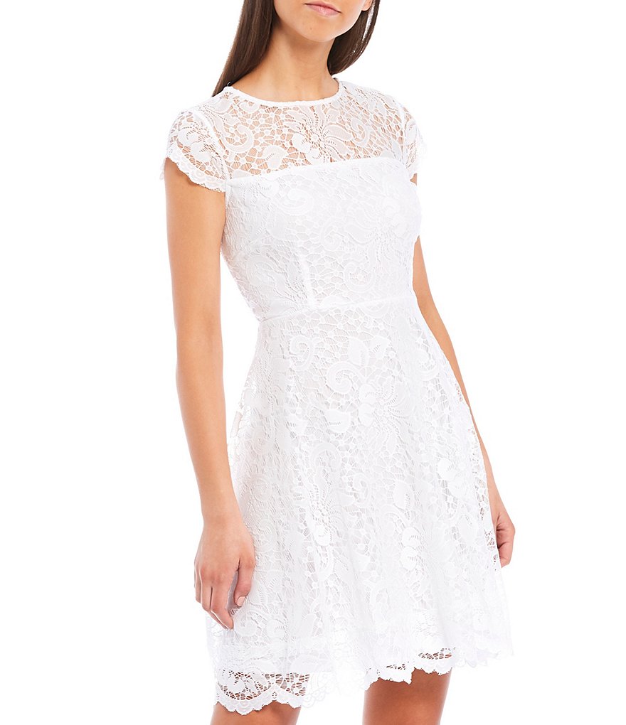 Kensie Illusion Neck Cap Sleeve Lace Fit & Flare Scallop Hem Fit & Flair Dress