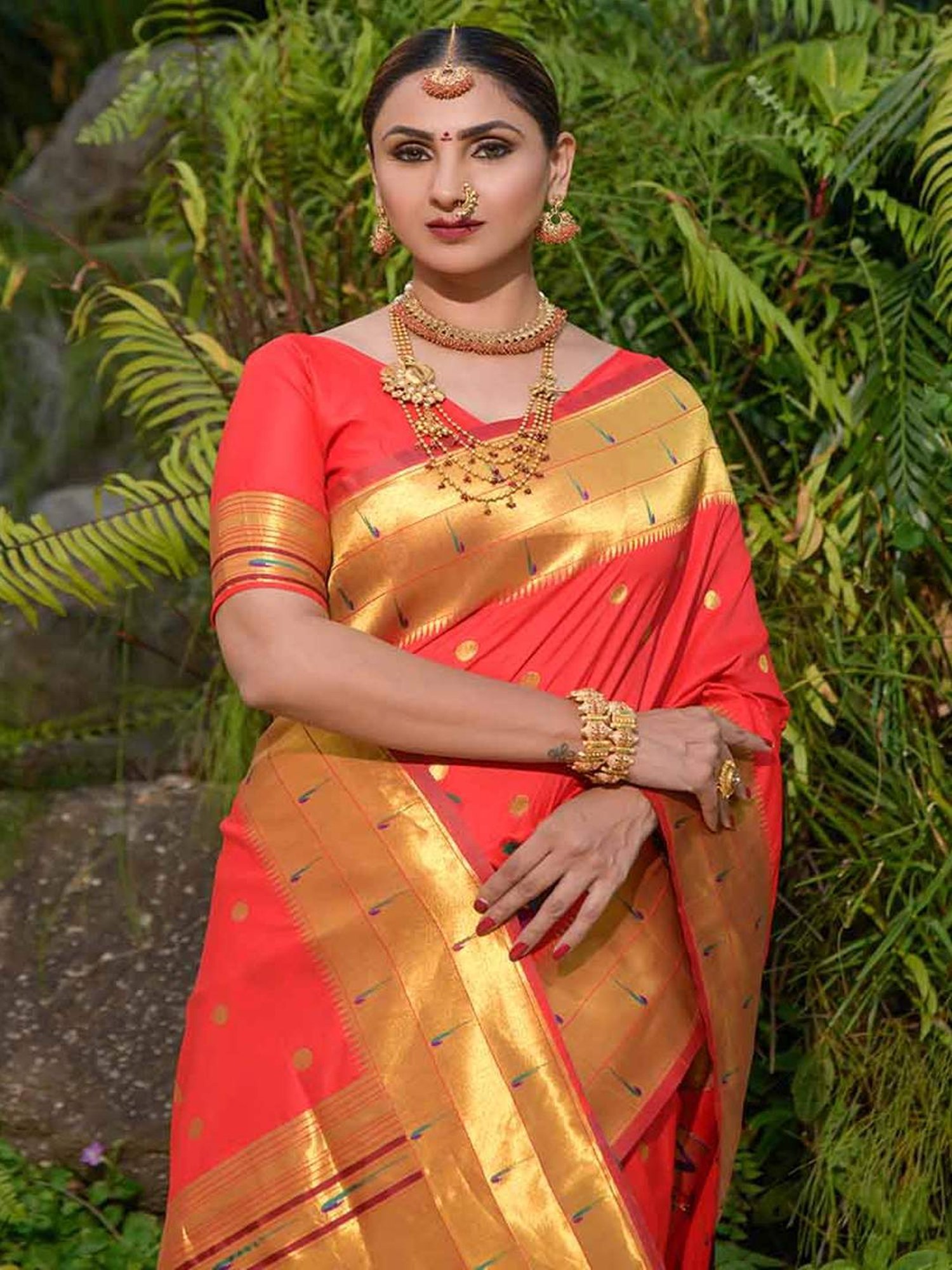 SHUBHKALA Peach Silk Woven Saree With Unstitched Blouse