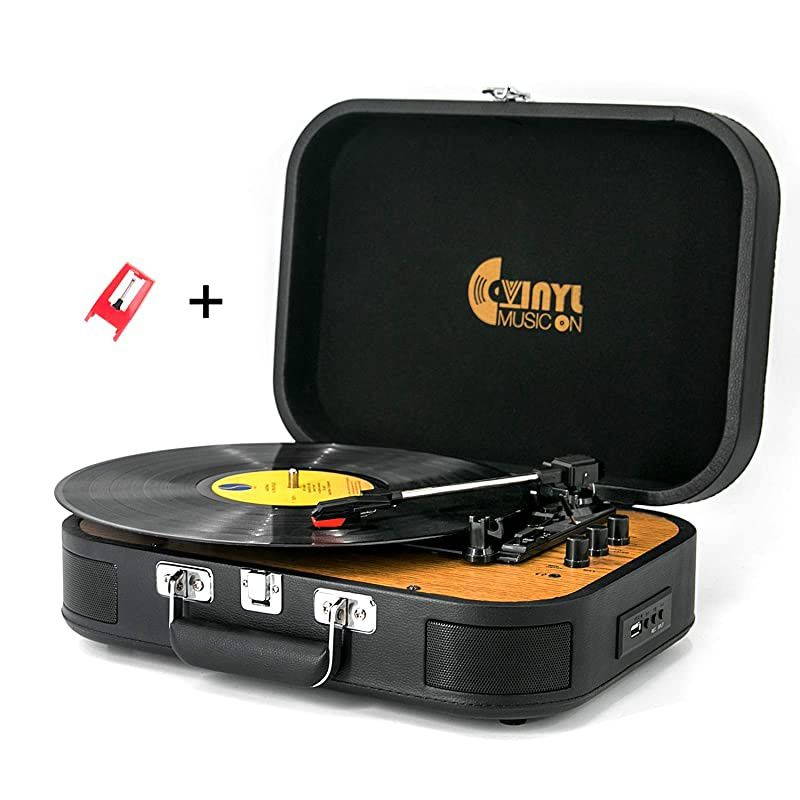 Bluetooth Record Player with Stereo Speakers3 Speed Briefcase Turntable with PlayampEncoding Pitch Control and RCA OutputampAux InputBlack