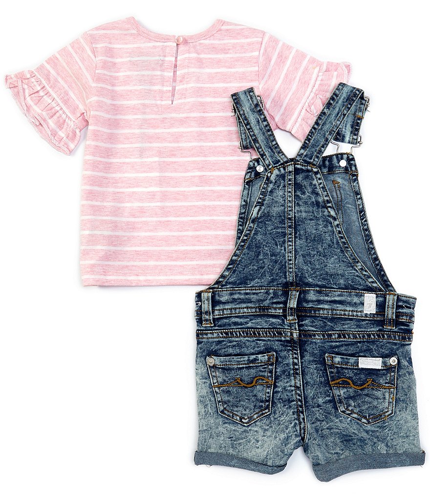 7 for all mankind Baby Girls 12-24 Months Stripe Ruffle Tee & Destructed Denim Shortall Set