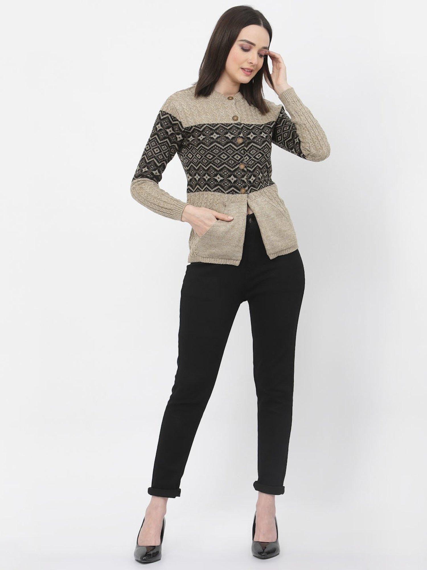 Kalt Beige Printed Cardigan