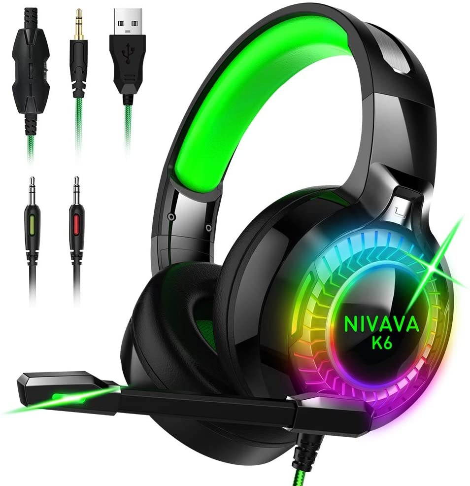 Nivava Gaming Headset for PS4, Xbox One, PC Headphones with Microphone LED Light Mic for Nintendo Switch PS5 Playstation Computer, K6