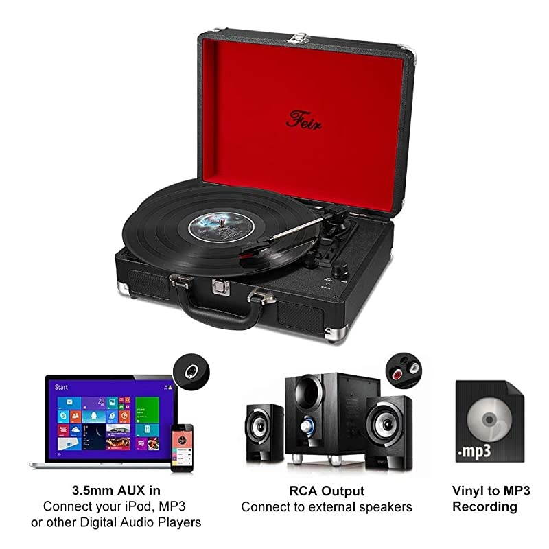Stereo Black Record Player 3 Speed Portable Turntable Suitcase Built in 2 Speakers RCA Line Out AUX Headphone Jack PC Recorder