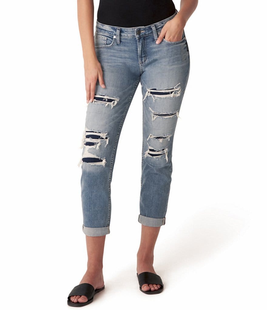 Silver Jeans Co. 27#double; Inseam Destructed Mid Rise Rolled Cuff Boyfriend Jeans