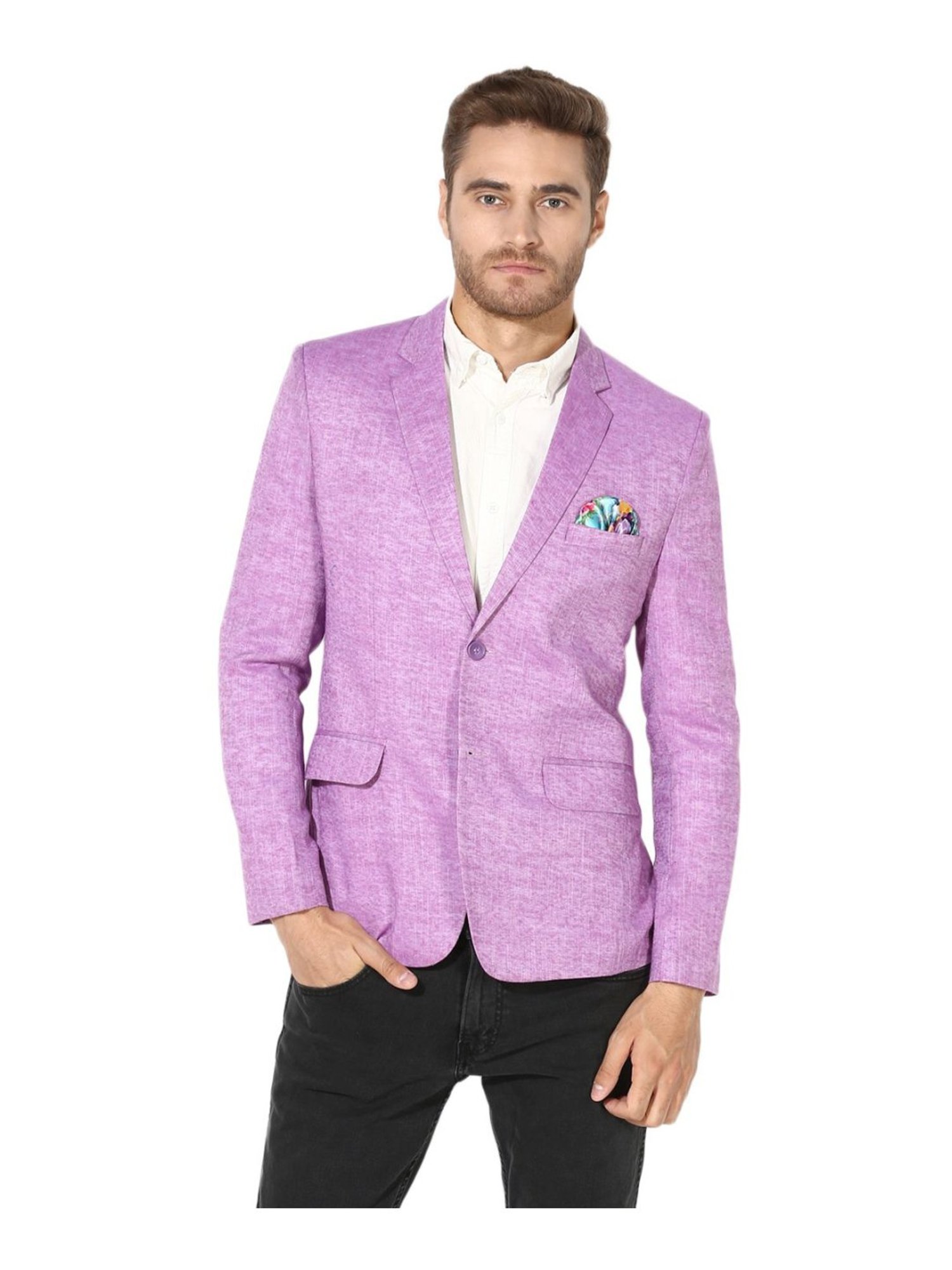 Hang Up Purple Linen Regular Fit Self Pattern Blazer