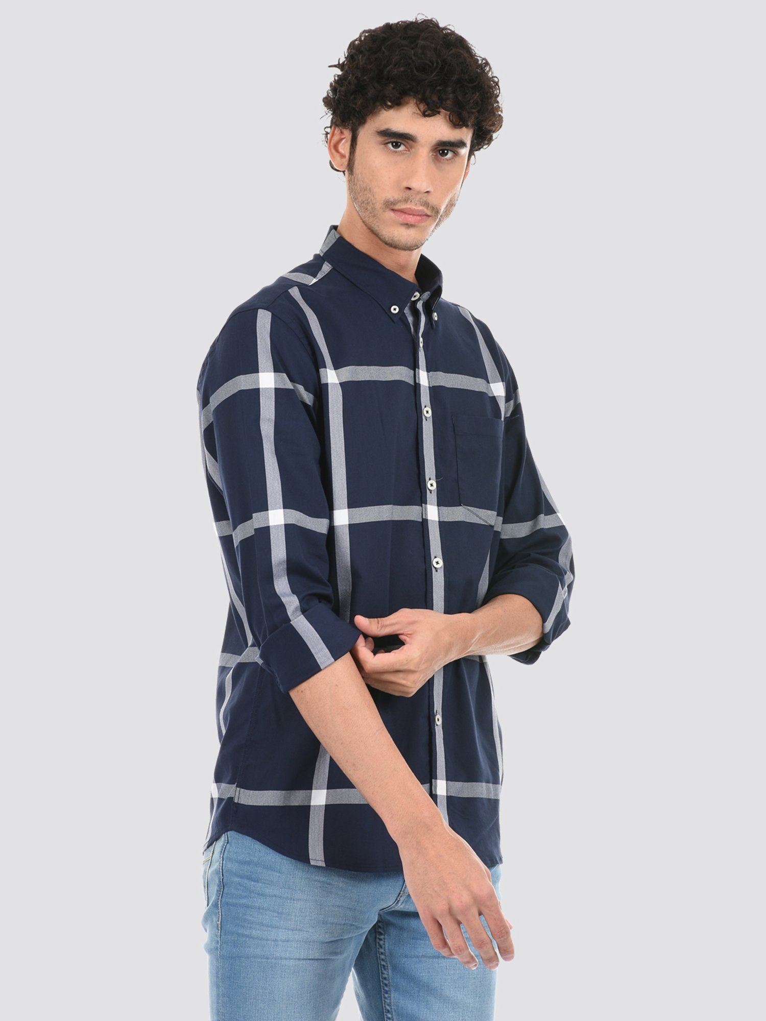 London Fog Navy Blue Regular Fit Checks Shirt
