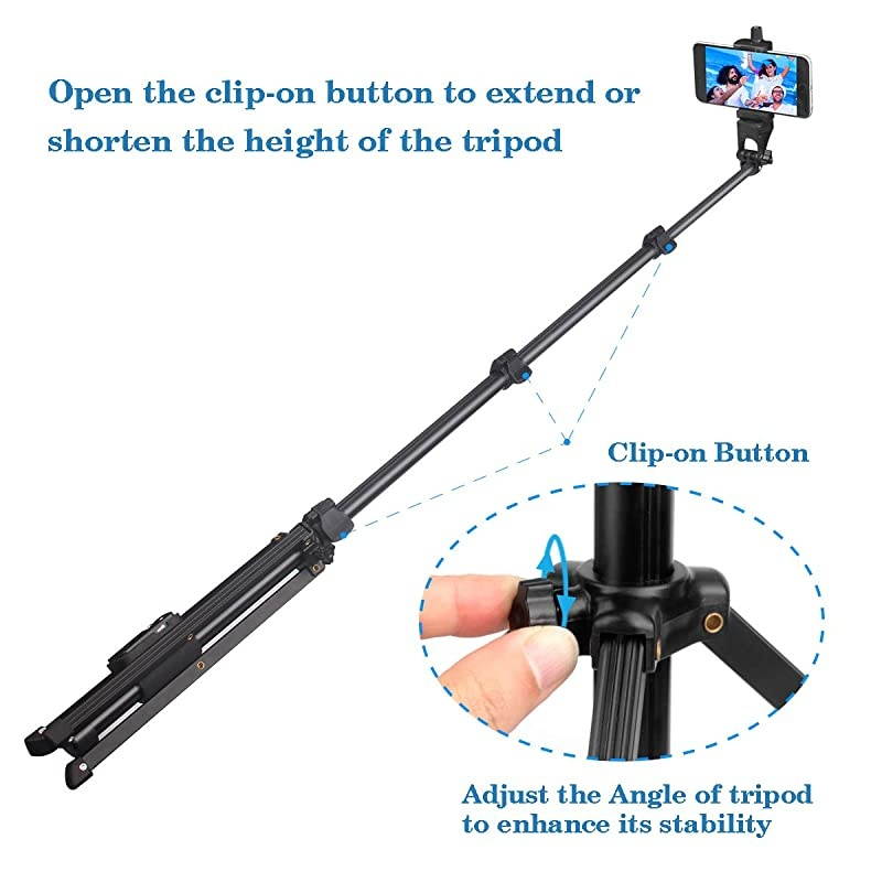 Stick Tripod, 51" Extendable Tripod Stand with Cell Phone Mount Holder & Wireless Remote,Compatible with iPhone 11,11 pro,Xs,X,8,7,6 Plus,Samsung Galaxy S9,S8,S7 Plus,Note 8, Gopro,More
