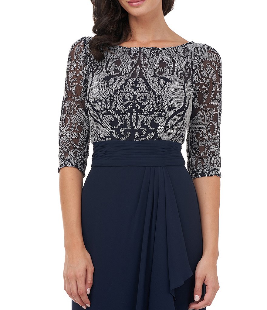 JS Collections Boat Neck Short Sleeve Embroidered Long Gown