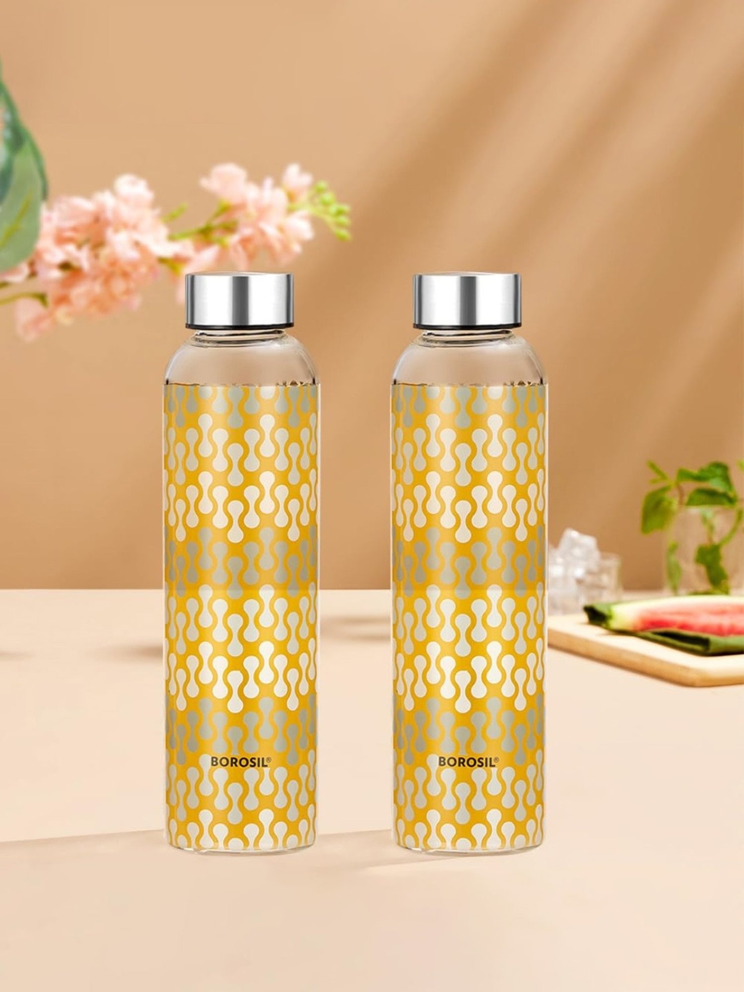 Borosil Water Bottle with Fridge Safe & Leakproof Set of 2 (Transparent, 550 ml)