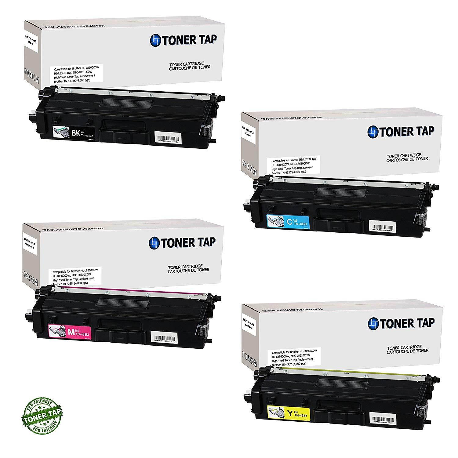 Toner Tap Brother TN-433BK, TN-433C, TN-433M, TN-433Y Compatible Toner for Brother HL-L8260CDW, HL-L8360CDW, HL-L8360CDWT, MFC-L8610CDW, MFC-L8900CDW (4 Pack, 1-Black, 1-Cyan, 1-Magenta, 1-Yellow)
