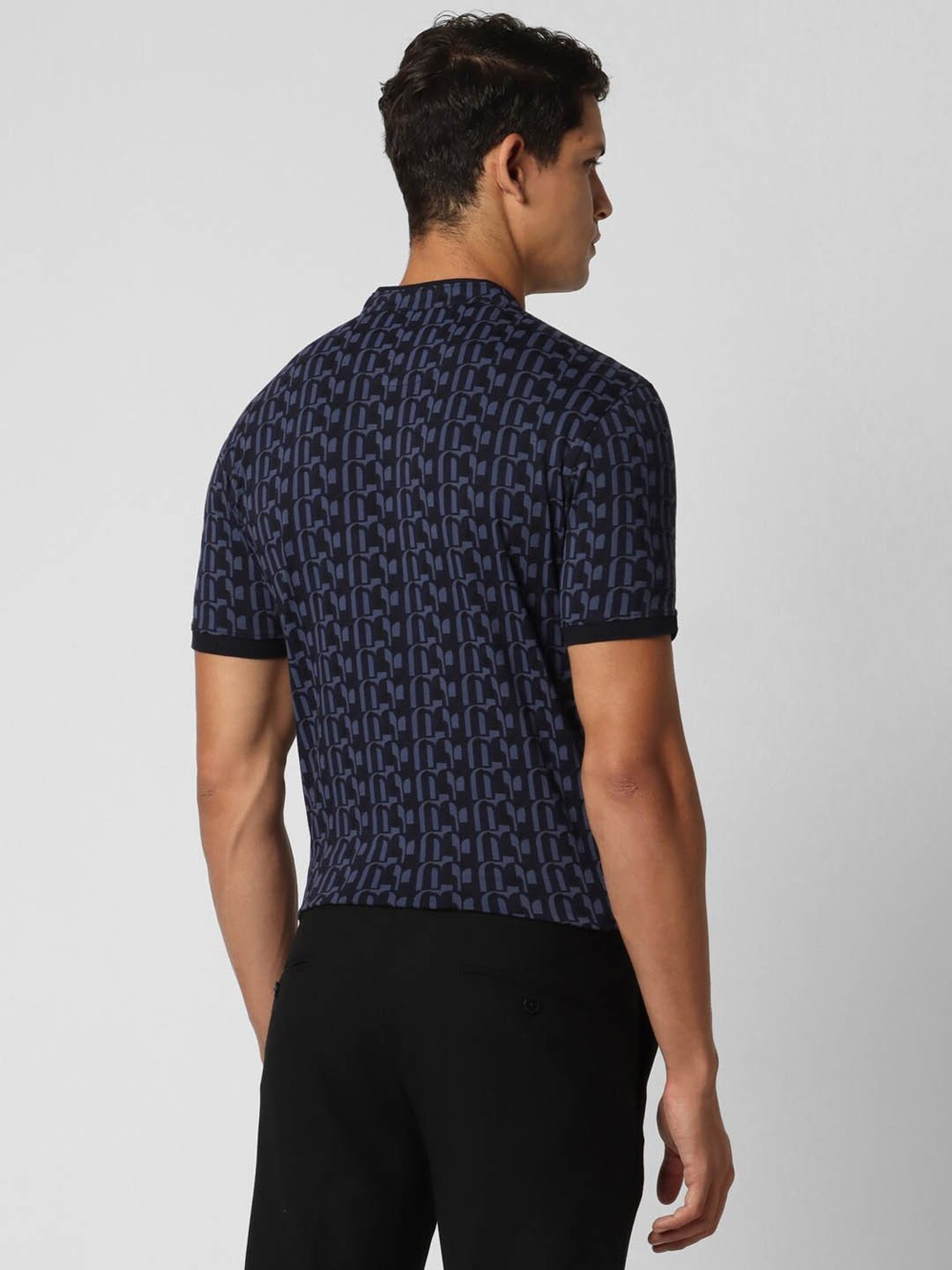 V Dot Navy Cotton Slim Fit Printed Henley T-Shirt