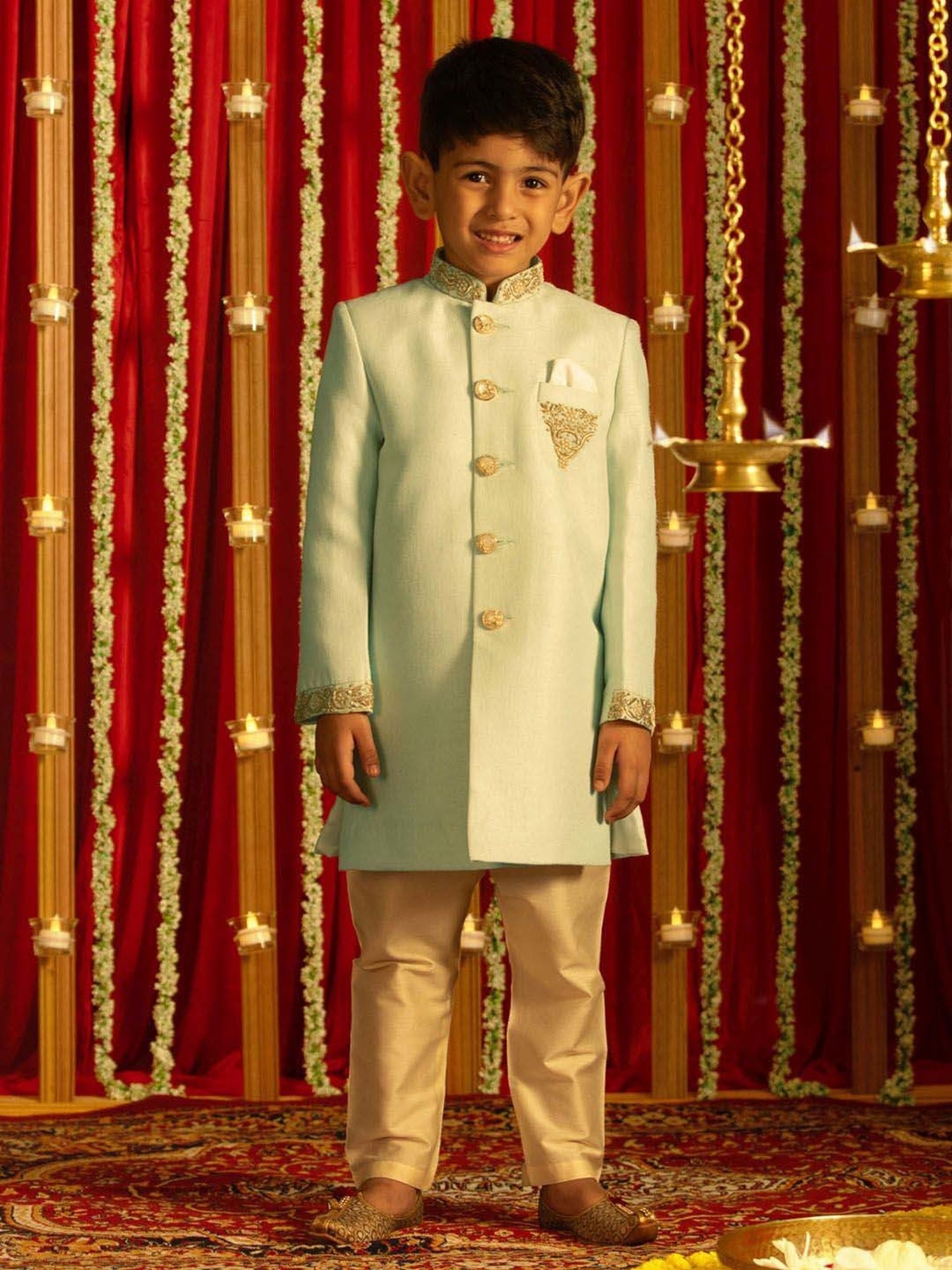 VASTRAMAY Boys Aqua & Cream Embroidery Full Sleeves Indowestern Sets