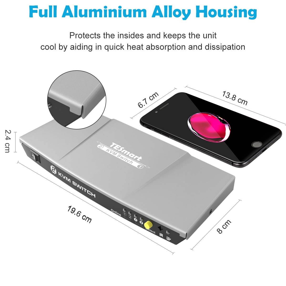 TESmart HDMI 4K Ultra HD 2x1 HDMI KVM Switch 3840x2160@30Hz with 2 Pcs 5ft KVM Cables Supports USB 2.0 Device Control up to 2 Computers/Servers/DVR